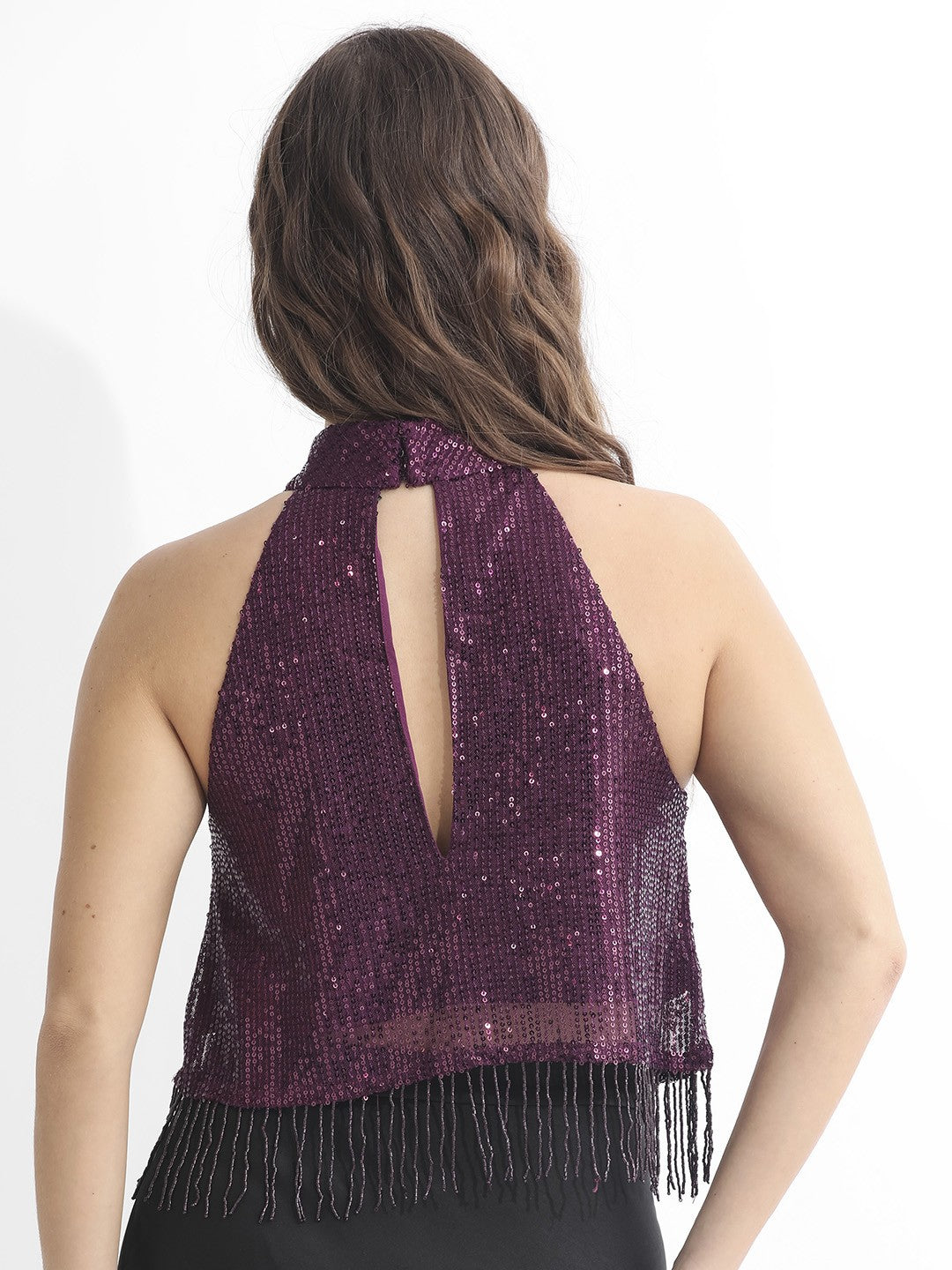Maroon crop a-line top, Embellished, Halter neck, sleeveless, no sleeves, Sequinned detail, Woven, Buy western tops for women online at purepearlbeauty.com, at 50% discount, sale, limited edition, imported clothes, Partywear tops, sparkle, glitter, 
