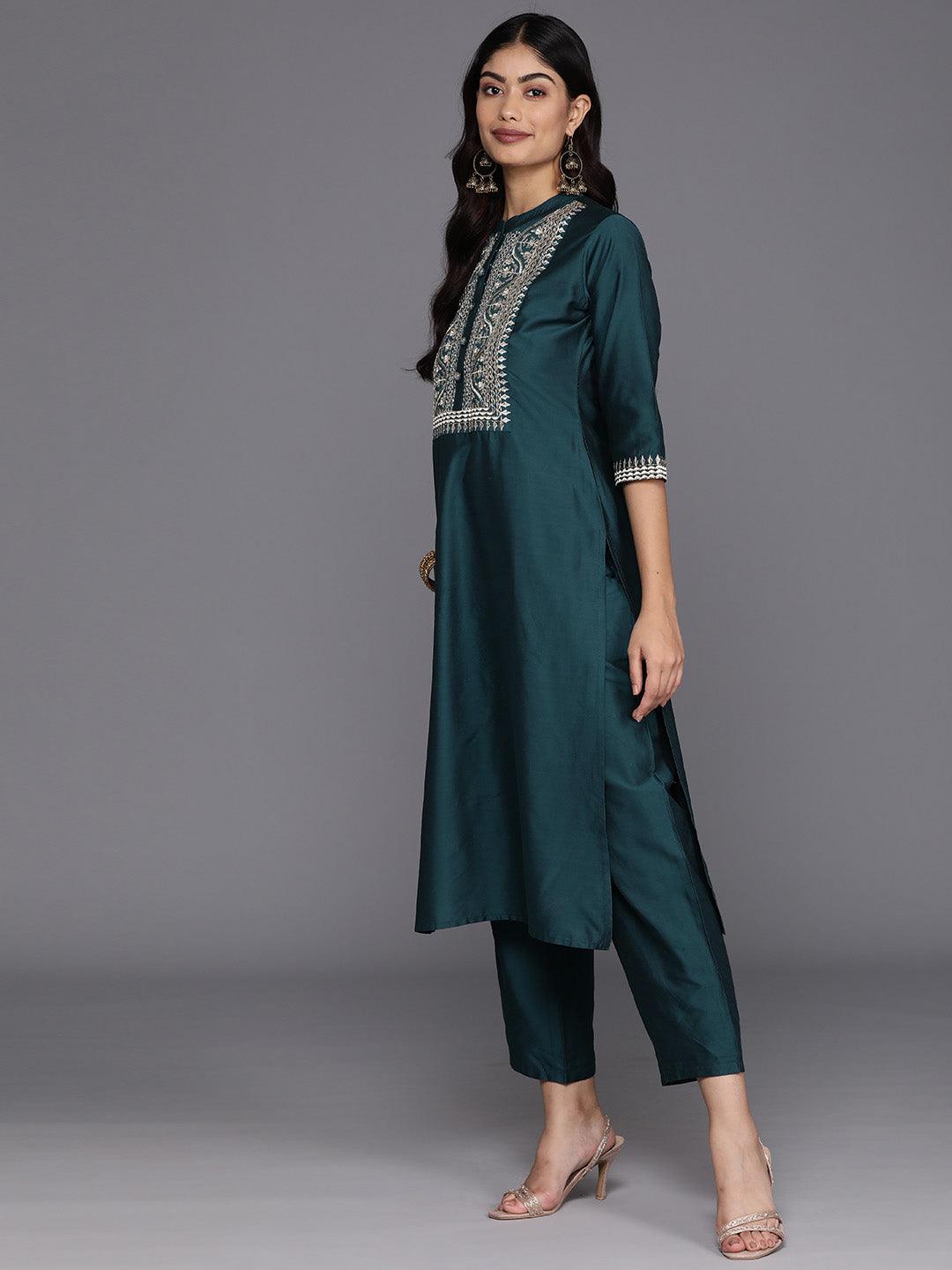 Blue Yoke Design Silk Blend Straight Suit With Dupatta