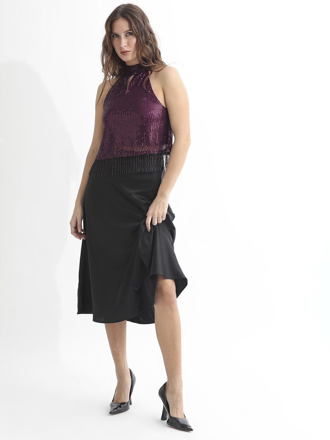 Maroon crop a-line top, Embellished, Halter neck, sleeveless, no sleeves, Sequinned detail, Woven, Buy western tops for women online at purepearlbeauty.com, at 50% discount, sale, limited edition, imported clothes, Partywear tops, sparkle, glitter, 
