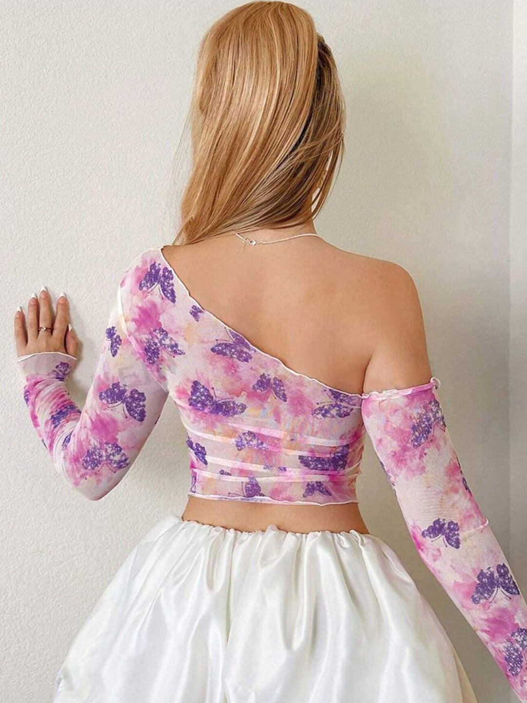 Womens Fashion, Western Wear, western Tops for women, Crop Top, Casual Tops, One Shoulder, Floral print, Pink Top, buy western wear, western tops for omen online in India at pure pearl beauty, western clothing online, plus size clothes for ladies, cute tops, casual