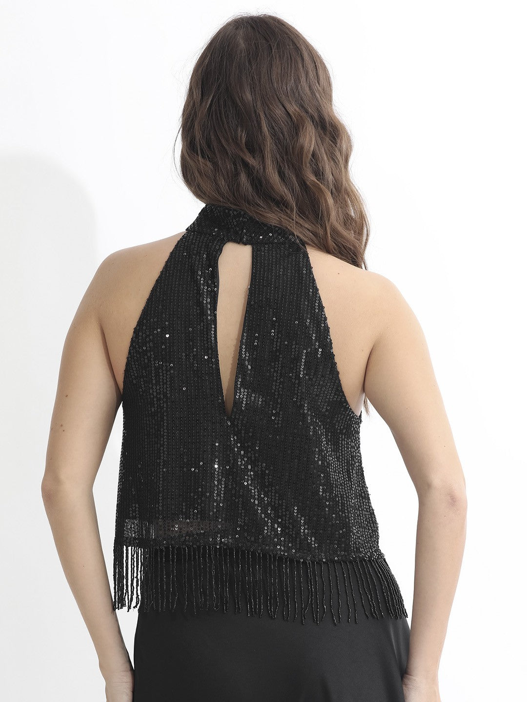 Maroon crop a-line top, Embellished, Halter neck, sleeveless, no sleeves, Sequinned detail, Woven, Buy western tops for women online at purepearlbeauty.com, at 50% discount, sale, limited edition, imported clothes, Partywear tops, sparkle, glitter, 
