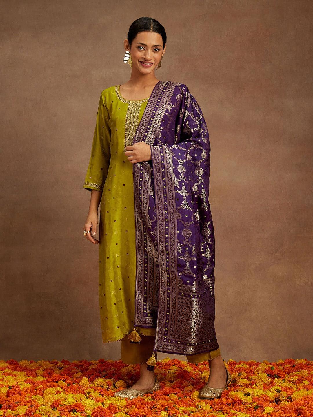 Green Self Design Silk Straight Suit With Dupatta