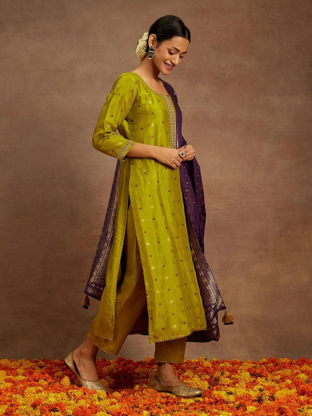 Green Self Design Silk Straight Suit With Dupatta