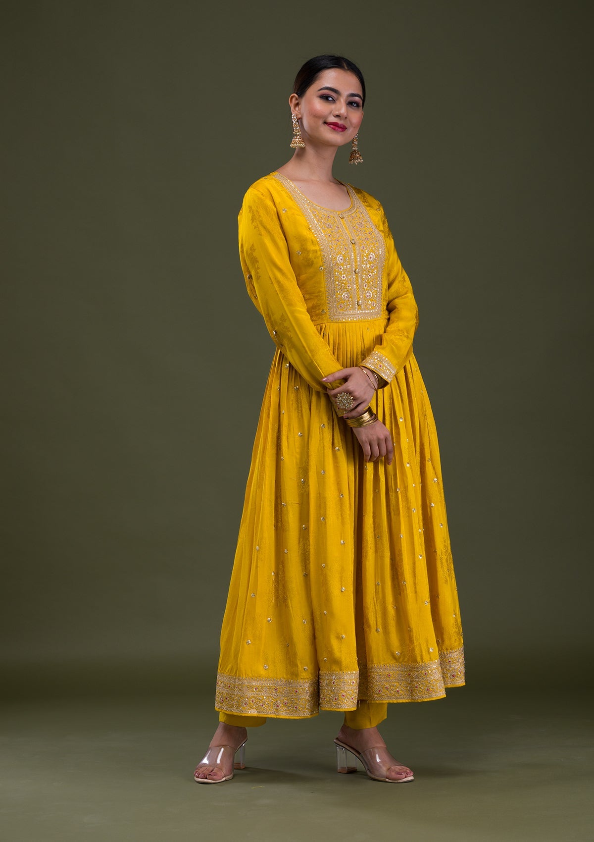 Mustard Zariwork Crepe Readymade Anarkali Suit