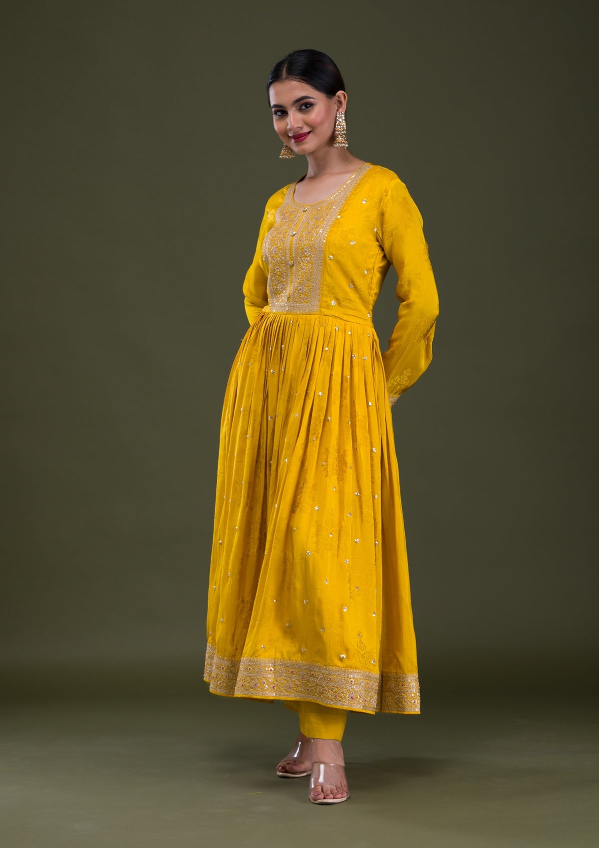 Mustard Zariwork Crepe Readymade Anarkali Suit