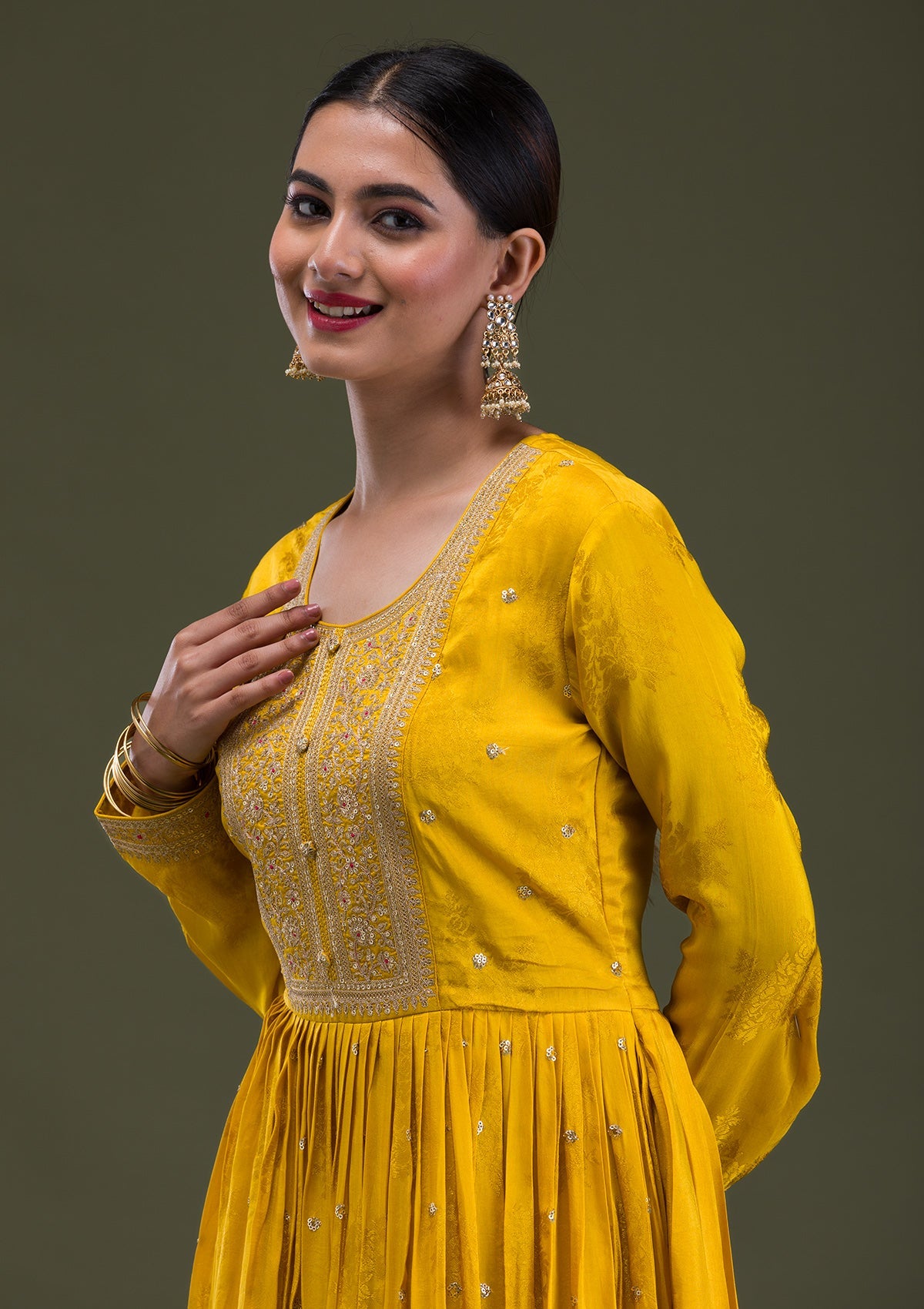 Mustard Zariwork Crepe Readymade Anarkali Suit