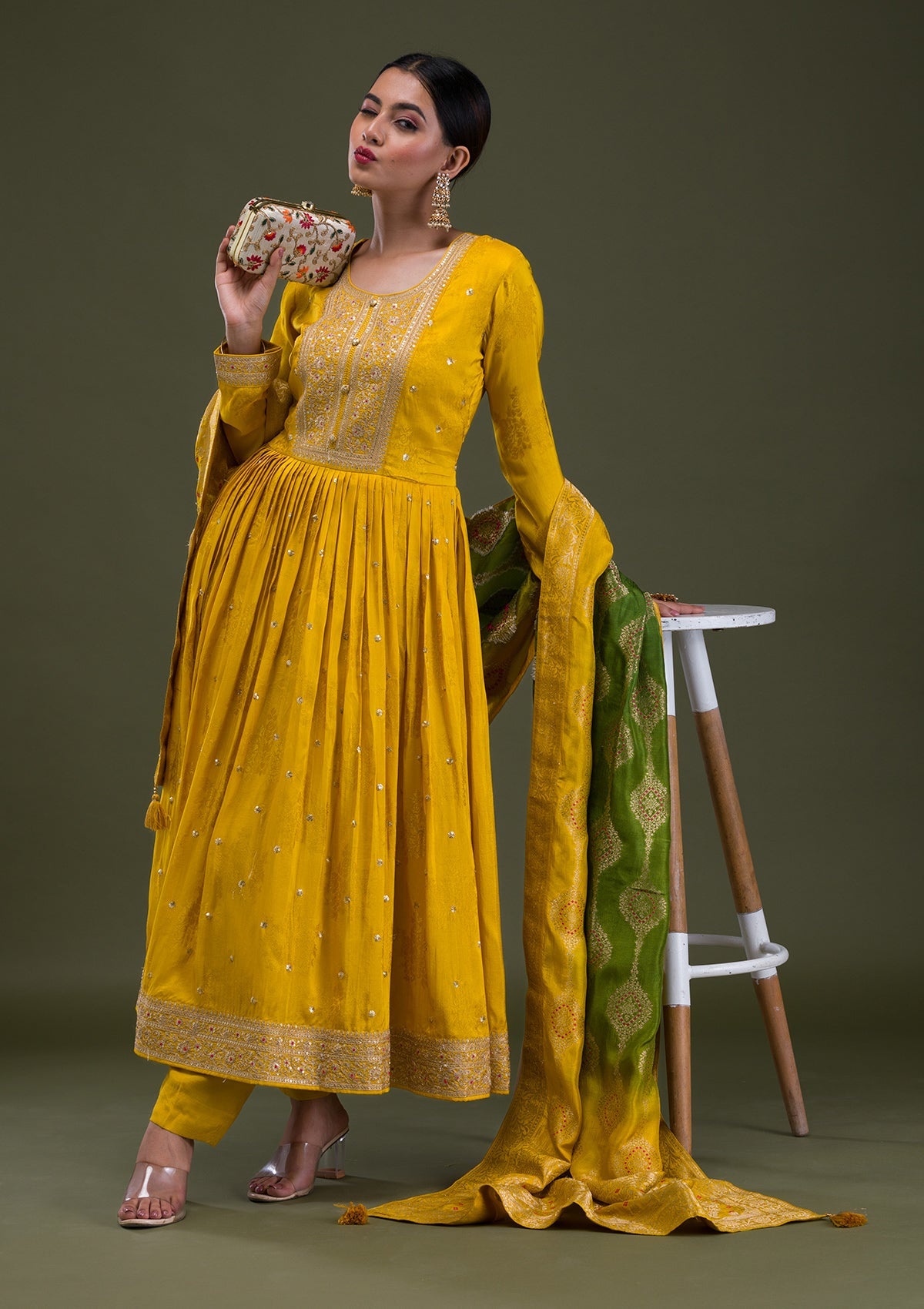 Mustard Zariwork Crepe Readymade Anarkali Suit