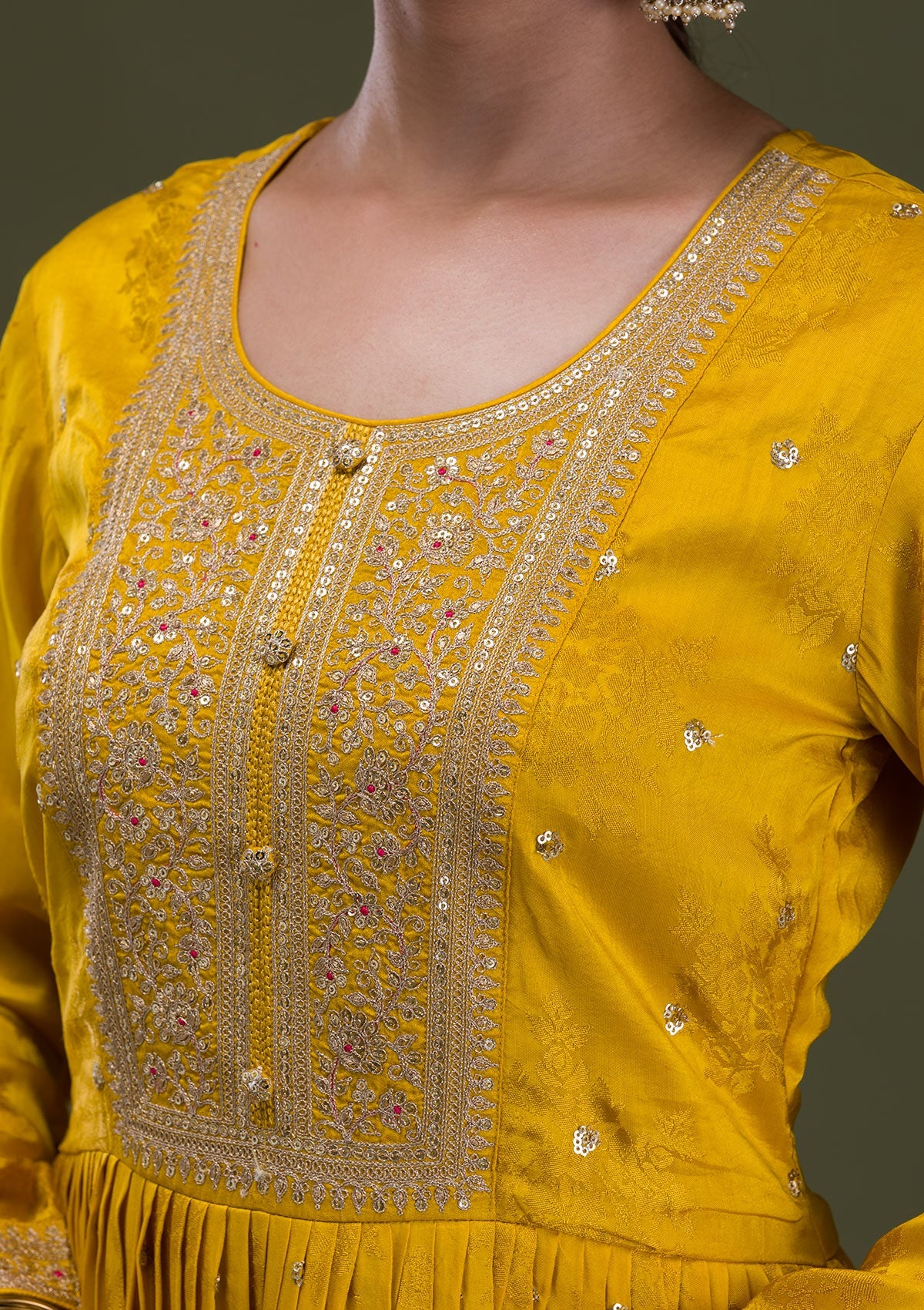 Mustard Zariwork Crepe Readymade Anarkali Suit