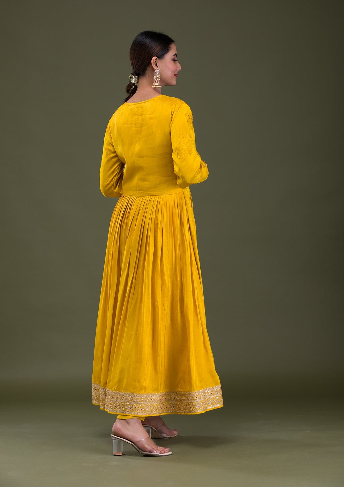 Mustard Zariwork Crepe Readymade Anarkali Suit