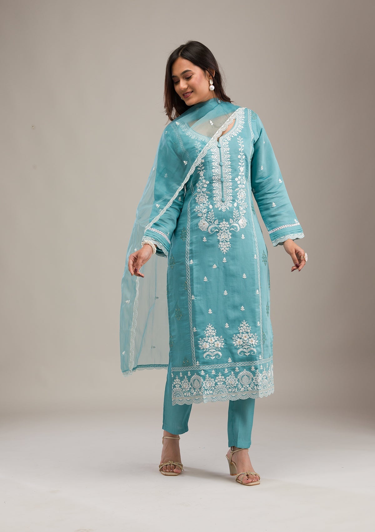 Sky Blue Threadwork Cotton Readymade Salwar Suit