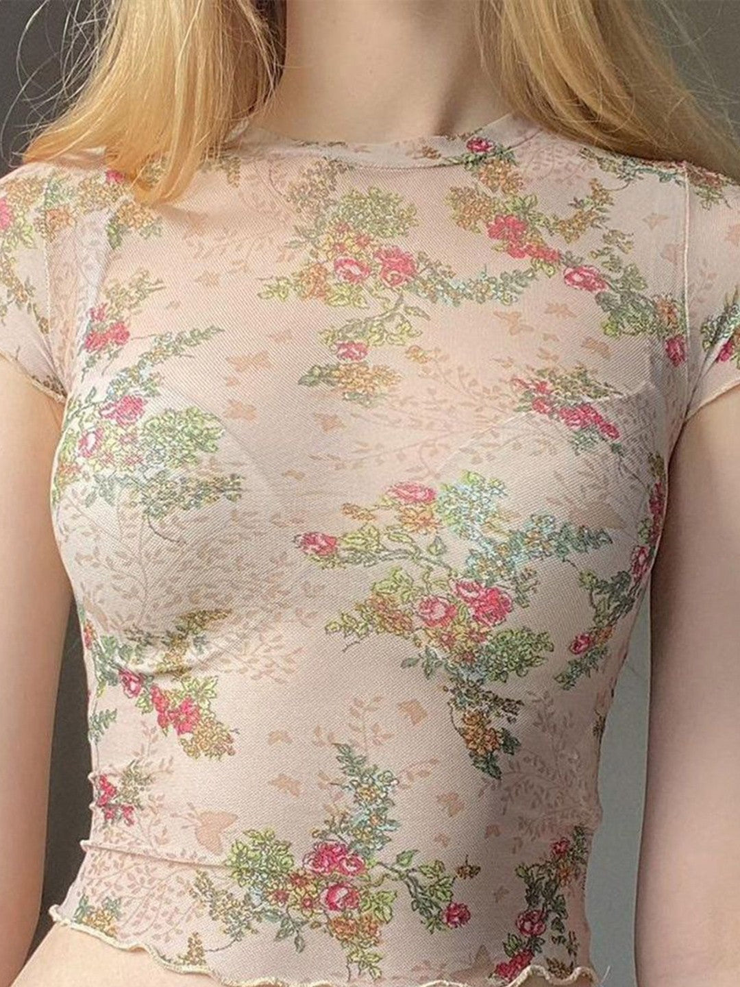 Floral Printed Round Neck casual Top, Beige, Pink & Green Top for women, Floral, Crop length, Round neck, Short sleeves, Knitted and woven, Buy western tops for women online at purepearlbeauty.com, at 50% discount, sale, limited edition, imported clothes, 