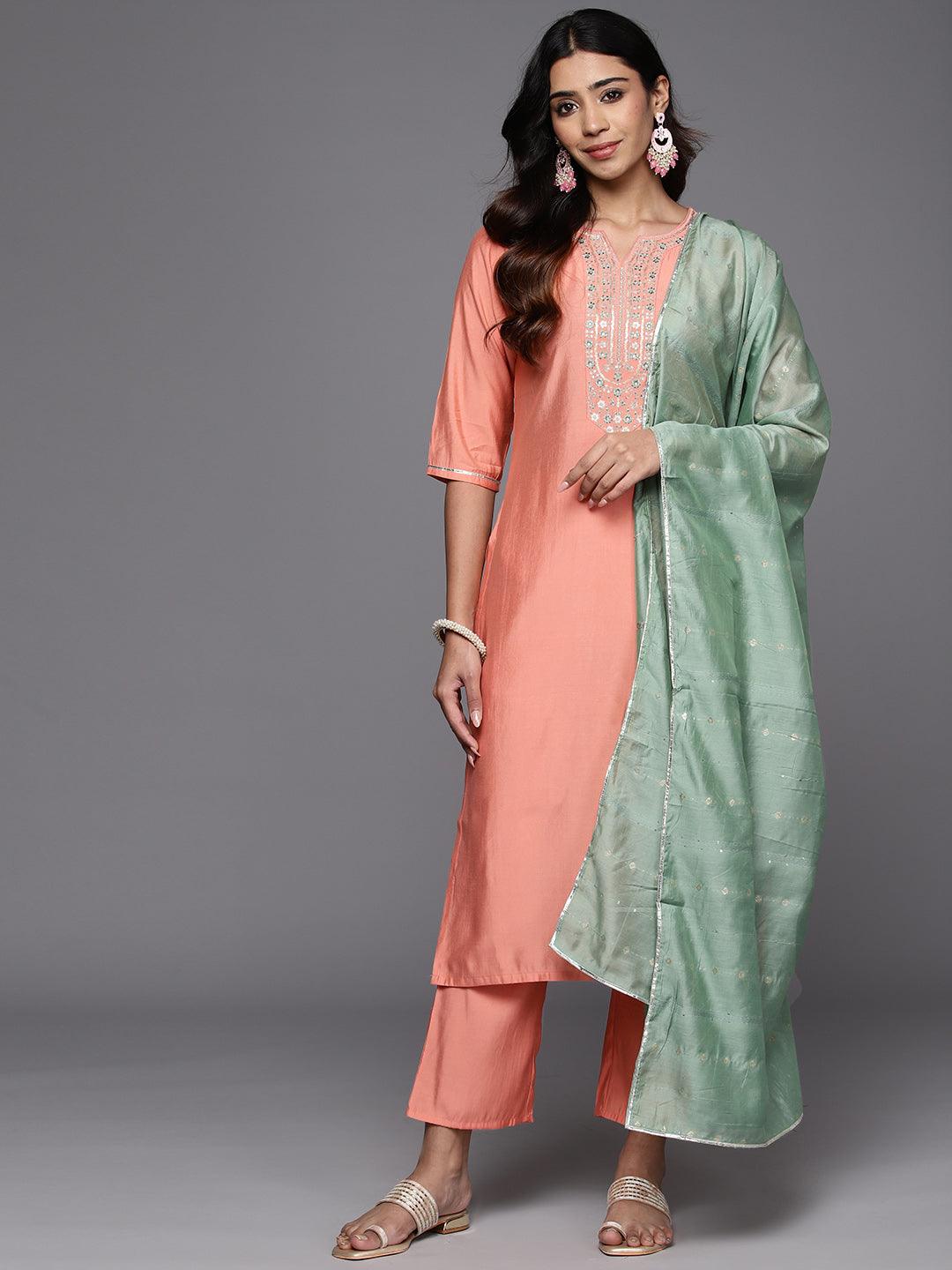 Peach Silk Blend Straight Suit, Yoke Design Silk Blend Straight Suit, Peach Embroidered Straight Suit, Silk Blend Straight Kurta with Dupatta, Peach Straight Suit with Dupatta, Peach Silk Anarkali Suit, Peach Silk Suit Online, Peach Silk Suit Price, Peach Silk Suit Design