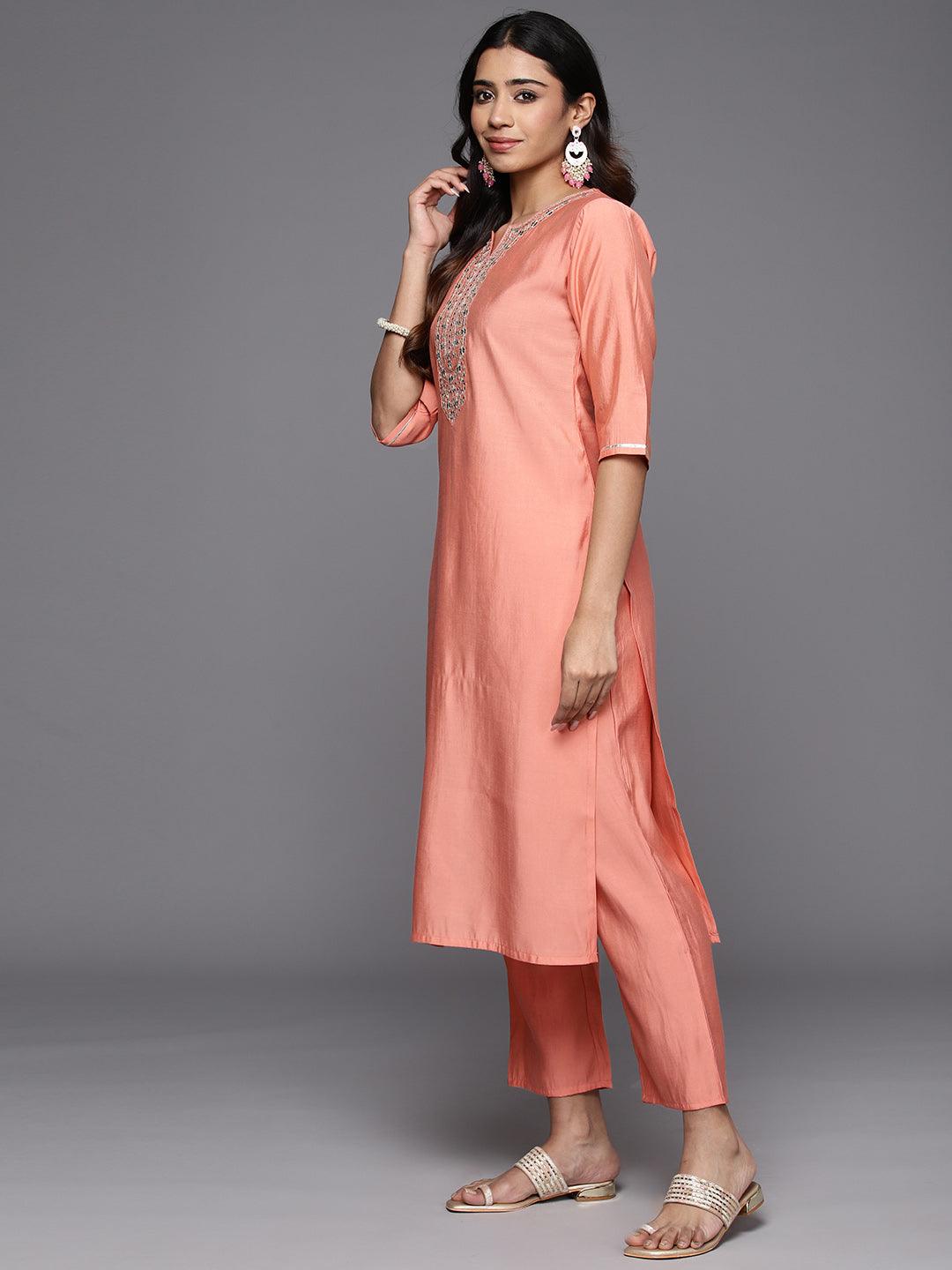 Peach Yoke Design Silk Blend Straight Suit With Dupatta