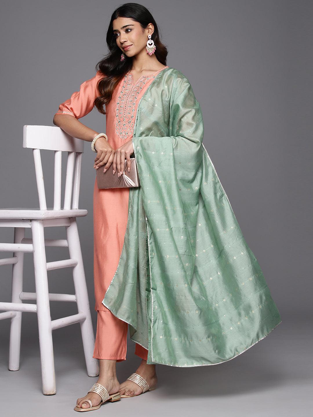 Peach Yoke Design Silk Blend Straight Suit With Dupatta