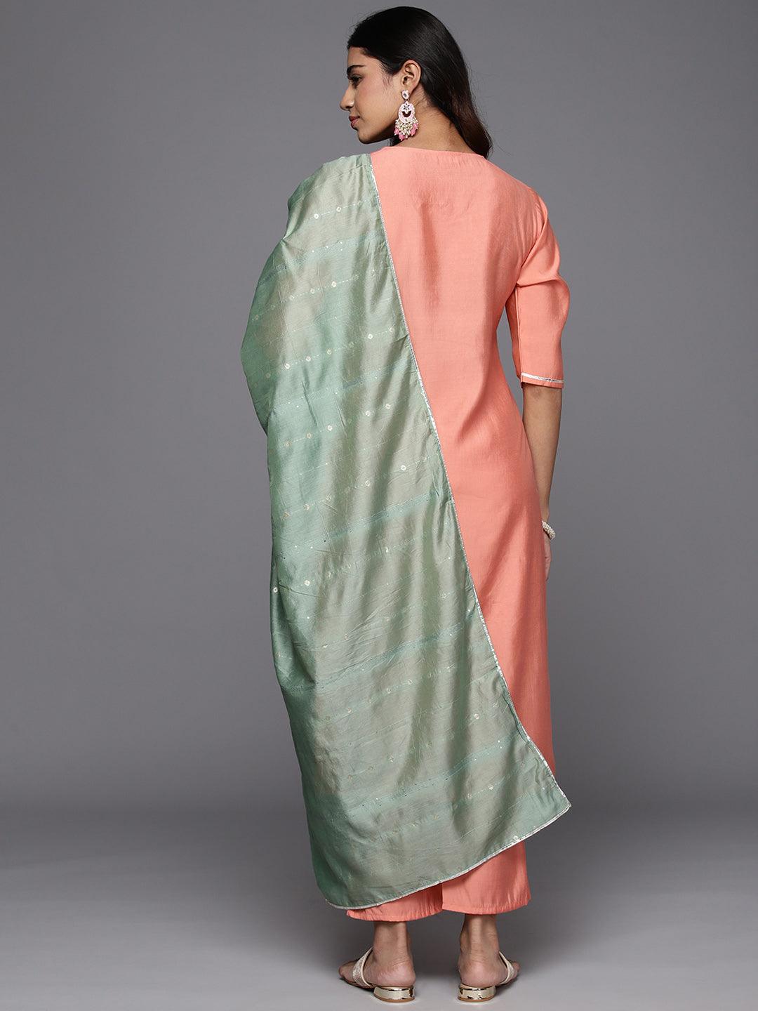 Peach Yoke Design Silk Blend Straight Suit With Dupatta