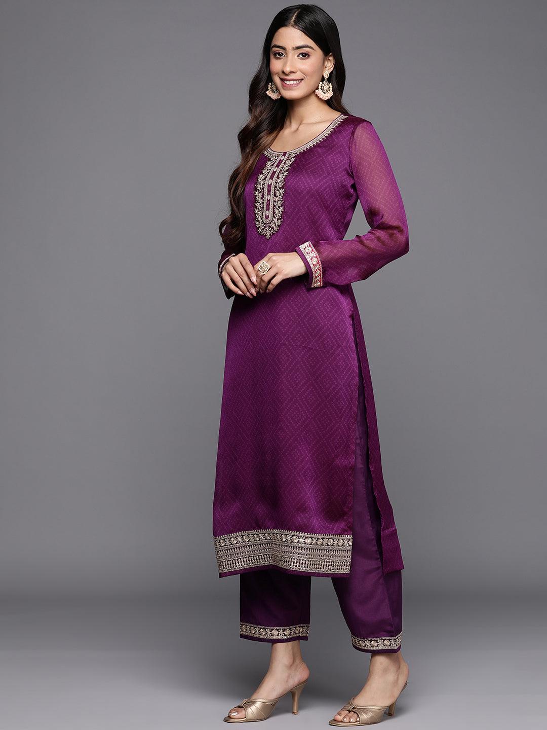 Purple Printed Chiffon Straight Kurta With Trousers & Dupatta