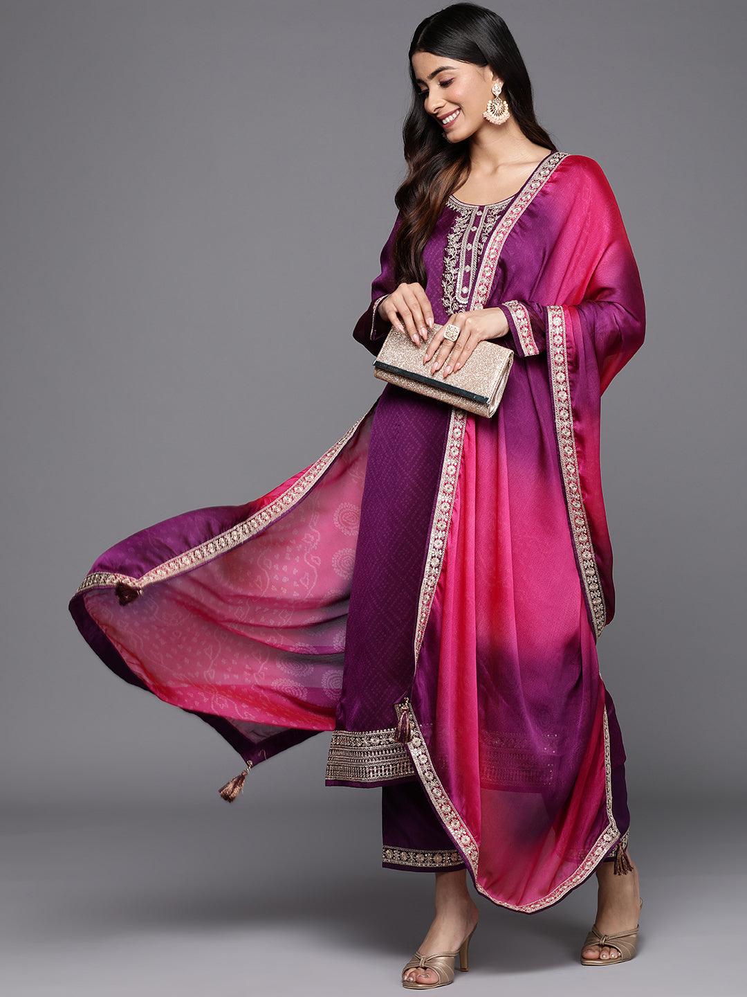 Purple Printed Chiffon Straight Kurta With Trousers & Dupatta