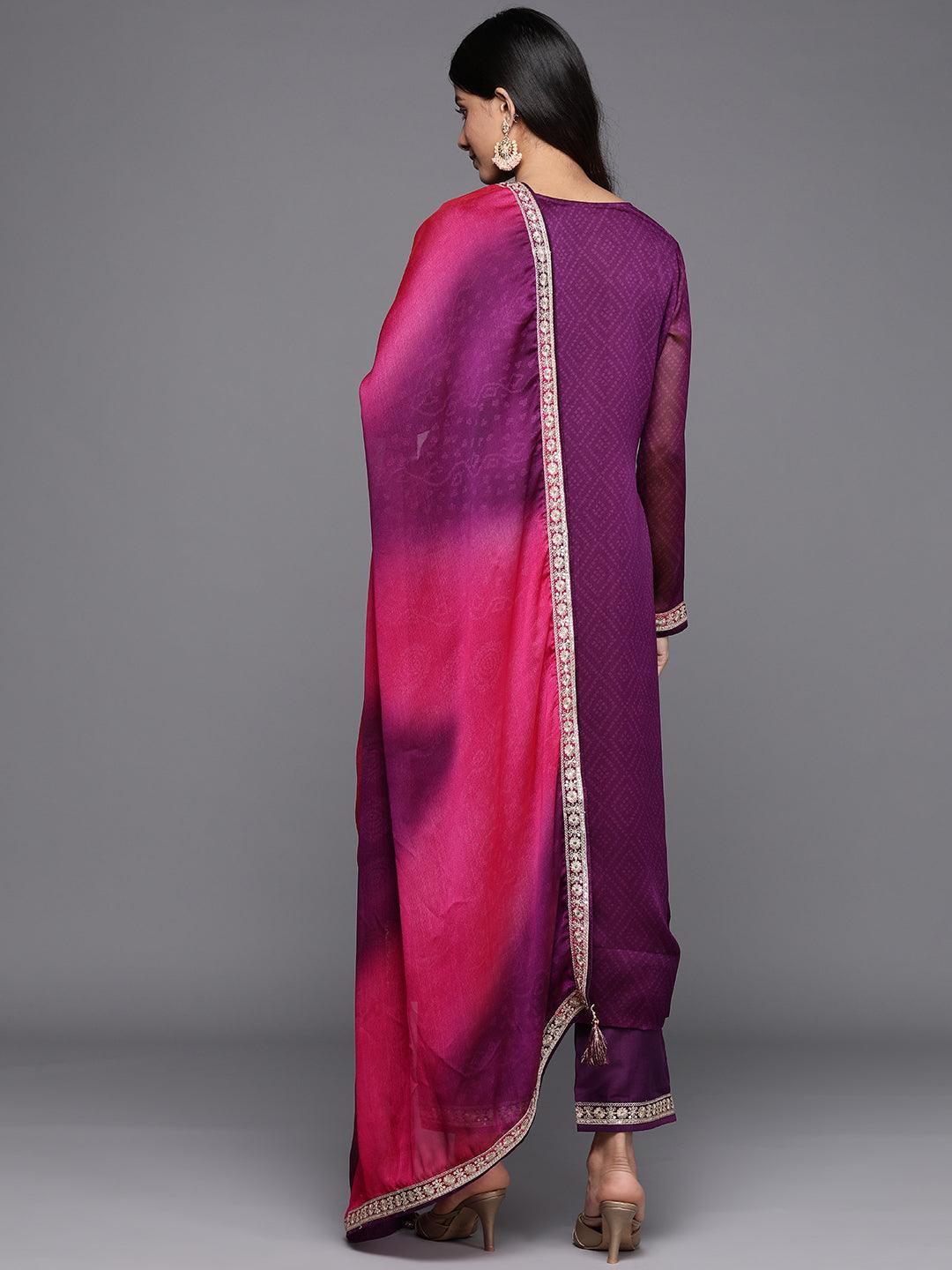 Purple Printed Chiffon Straight Kurta With Trousers & Dupatta