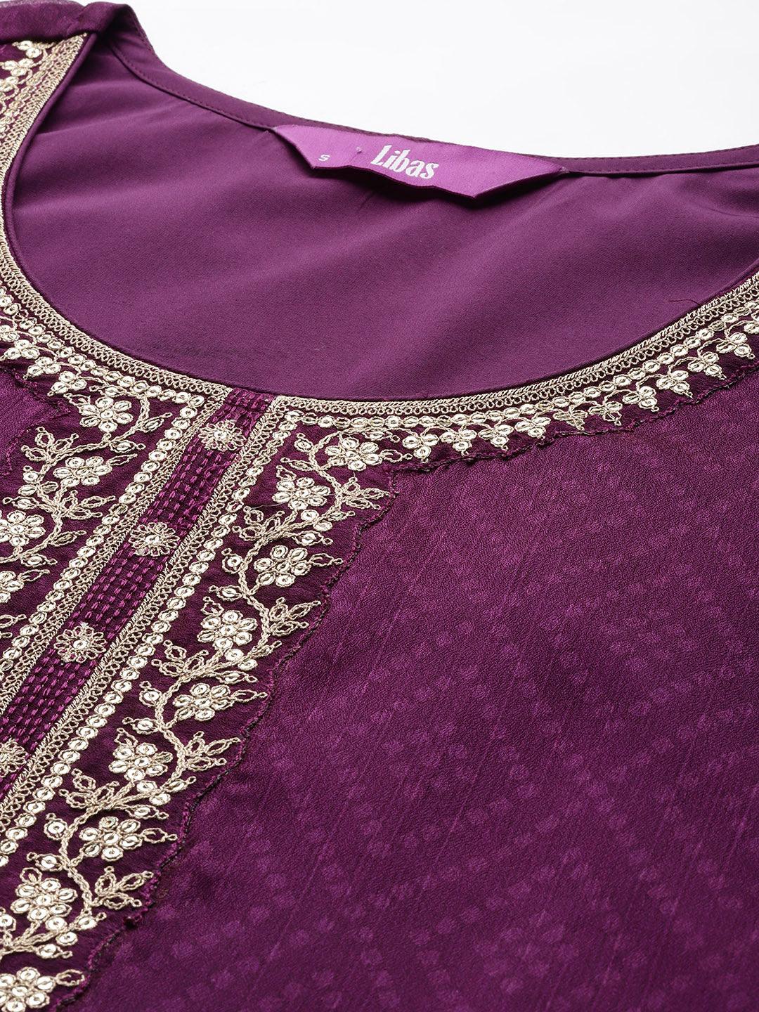 Purple Printed Chiffon Straight Kurta With Trousers & Dupatta