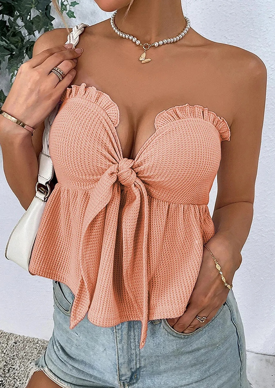 Knot-Tie Textured Orange Tube Top