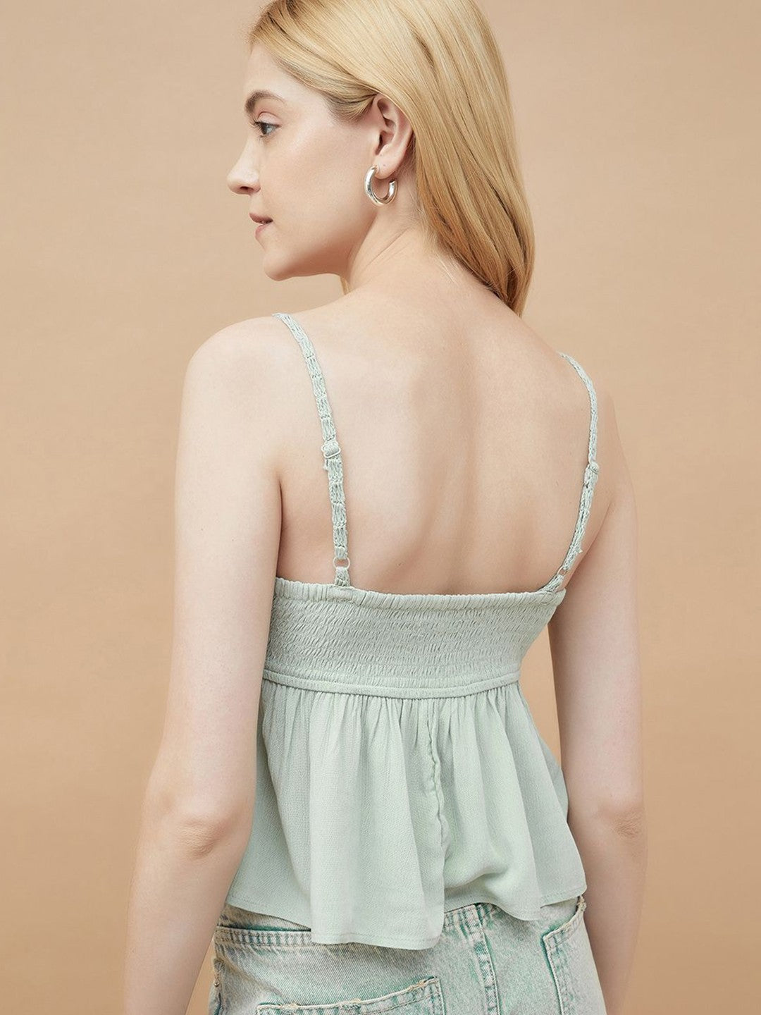 Green crop cute top, Self design solid, Round neck, sleeveless, shoulder, straps sleeves, Woven, new fashion 2025, Gen-z style, Buy western tops for women online at purepearlbeauty.com, at 50% discount, sale, limited edition, imported clothes, 
